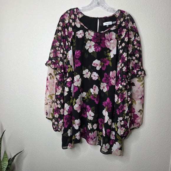 3 / $30 Calvin Klein 3X Floral Print Blouse Top Black Pink Purple Long Sleeve - Picture 1 of 10